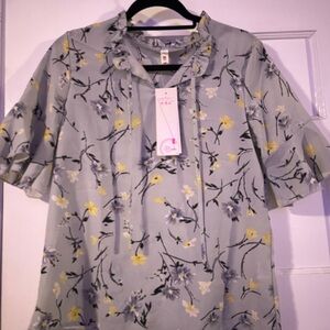 Floral Ruffle Sleeve Top - Gray and Yellow